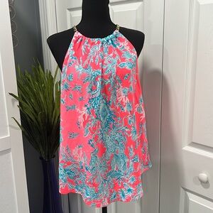 Lilly Pulitzer cabana halter top with gold chain neckline coral spritz size XL